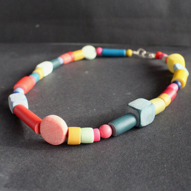 multi coloured random shaped bead necklace by jewellery designer Clare Lloyd