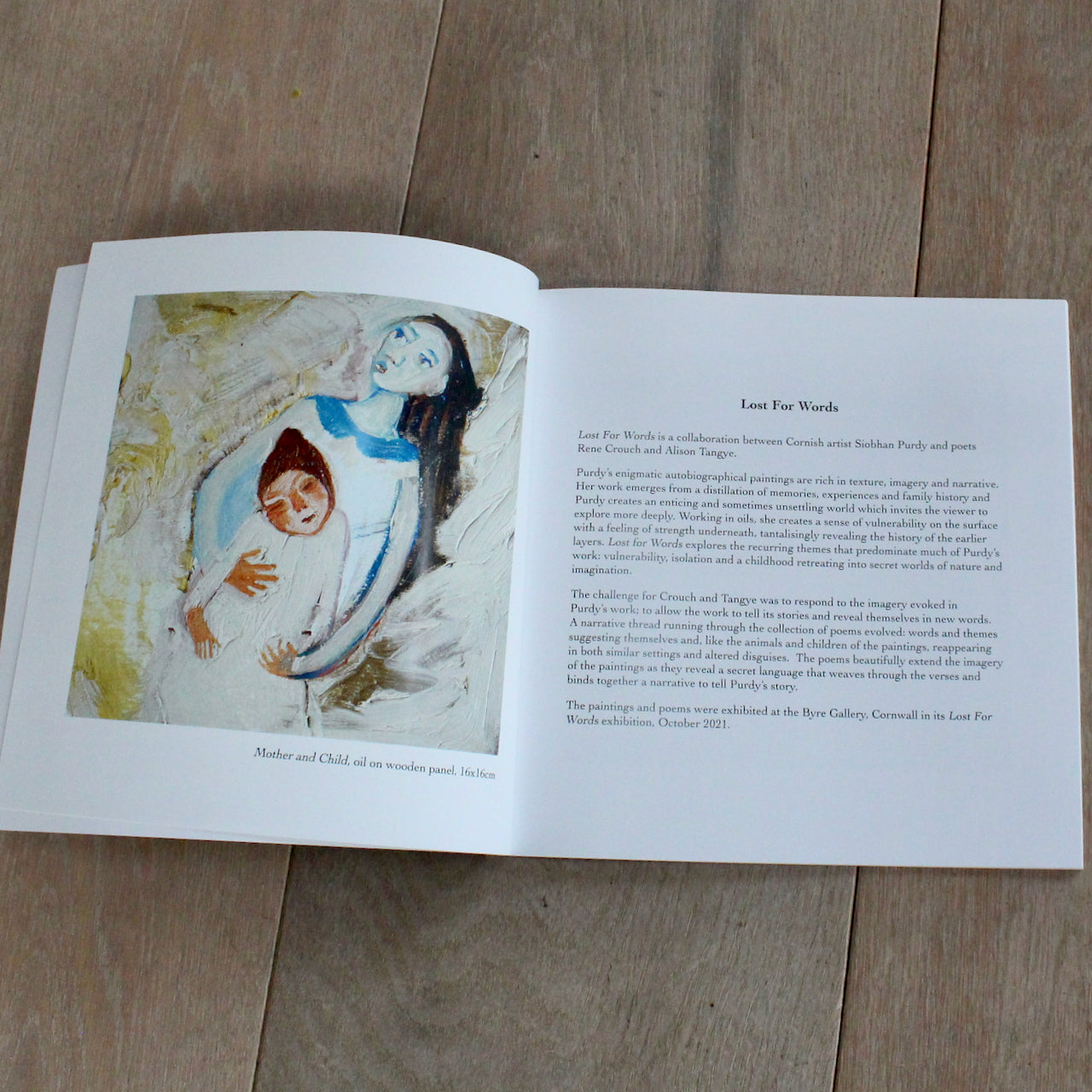 the introduction page to a inside page of Book for cover of Lost for Words a book of poetry by Alison Tangye and Rene Crouch with paintings by Siobhan Purdy showing painting called Mother and Child.