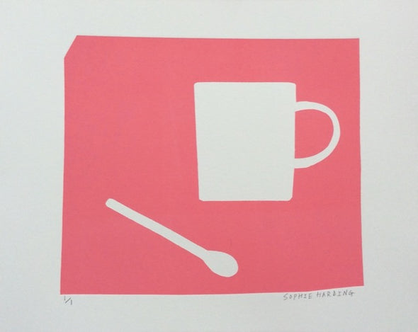 Sophie Harding monograph of a Cup and Spoon on a pink background