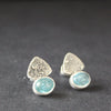pair of textured silver earrings with blue stone by Cornwall based jeweller Carin Lindberg 