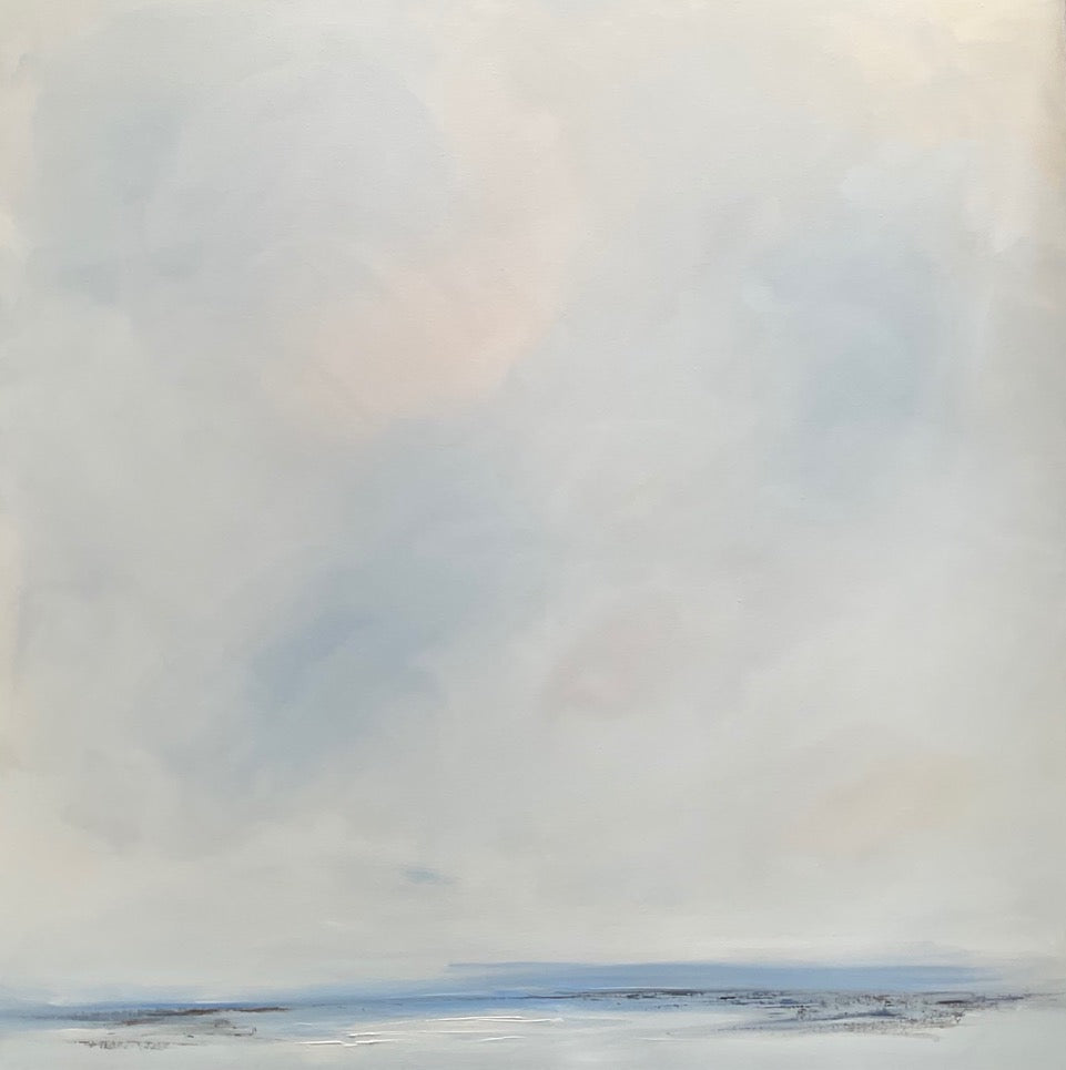 Oil painting of the sea and sky in blues and pinks by Nicola Mosley