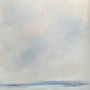 Oil painting of the sea and sky in blues and pinks by Nicola Mosley