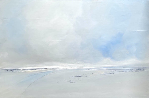 Minimal painting of the beach by Nicola Mosley in blues.