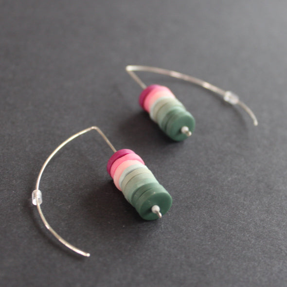 Stacked disc earrings in greens and magenta by Clare Lloyd