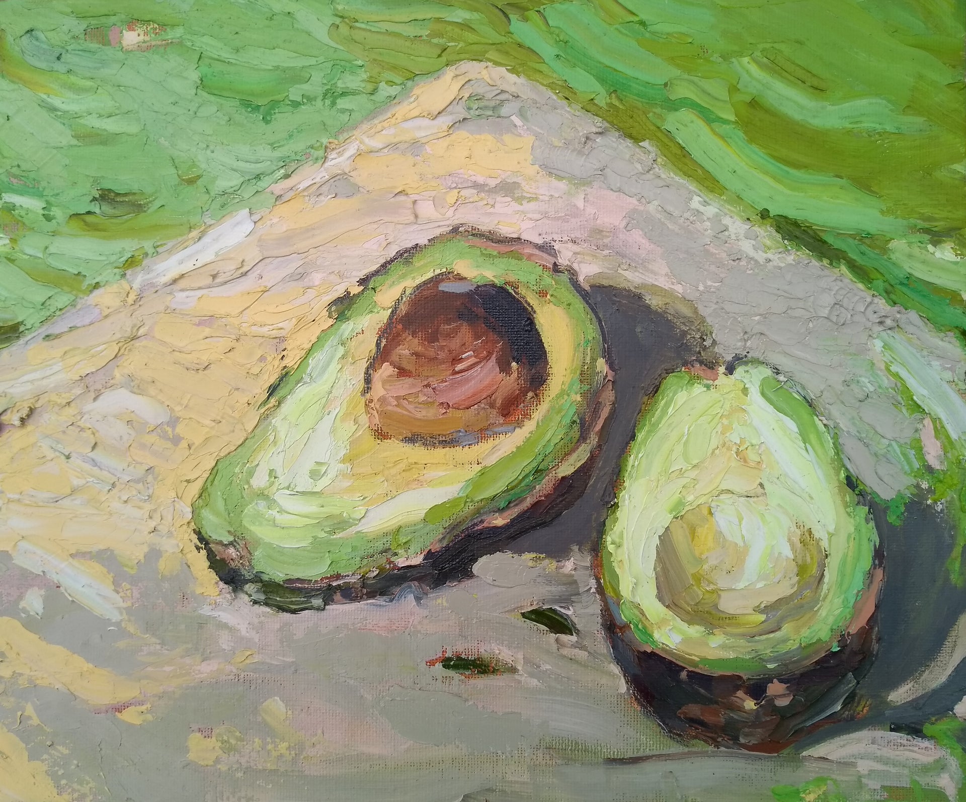 Jill Hudson oil painting of an avocado cut in half