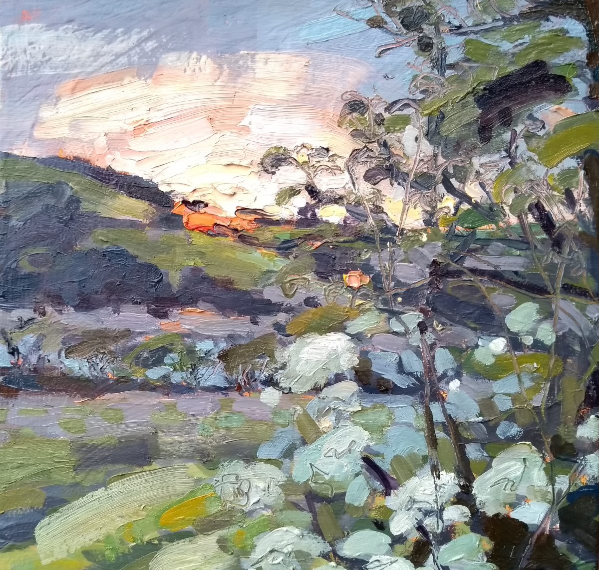Jill Hudson oil painting of the sun setting over a field