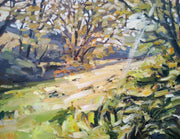 Jill Hudson: 'Autumn Light,'  abstract landscape painting of trees in a field