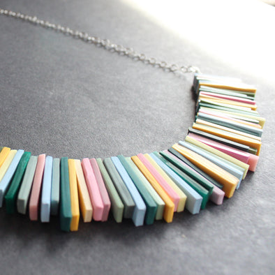detail of a necklace in pinks, yellow and green oblong beads by jeweller Clare Lloyd 