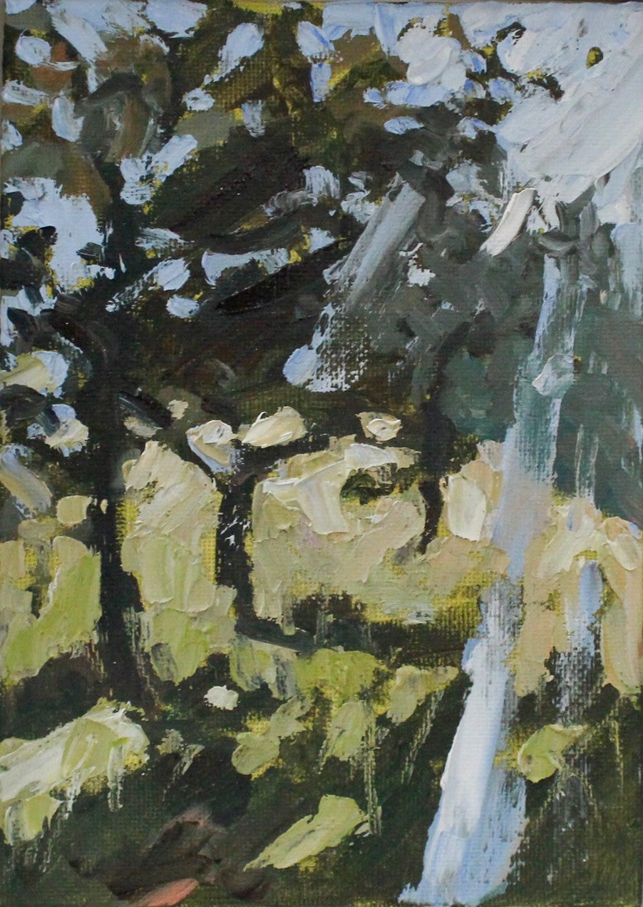 Abstract painting of dark tree in a green field with blue sky