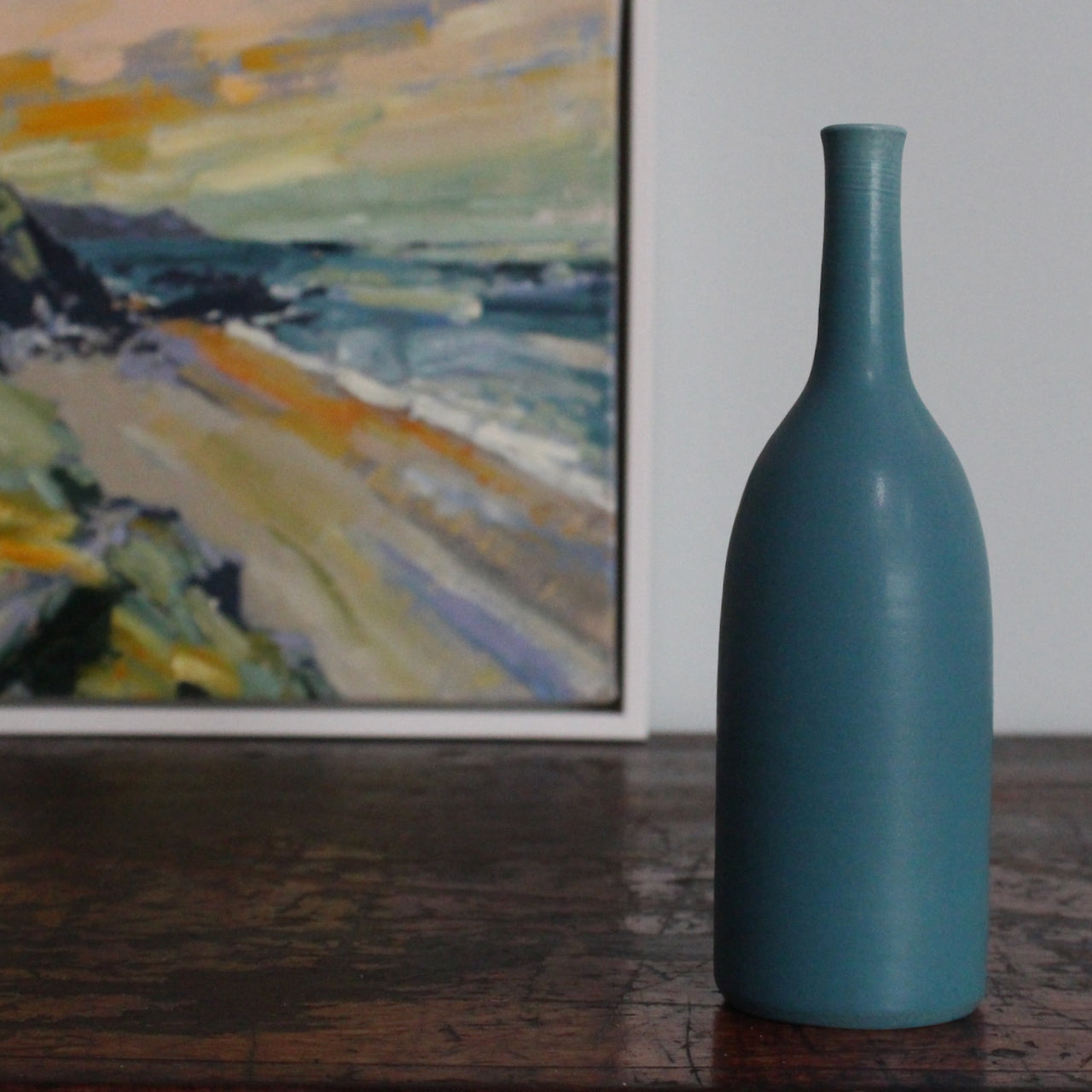 teal coloured bottle by UK ceramic artist Lucy Burley