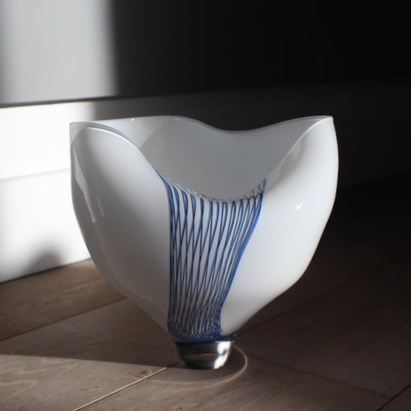 Glass buckled vessel in white and blue by Benjamin Lintell