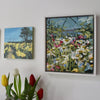 two paintings of spring flowers in fields by Cornwall artists Imogen Bone and Jill Hudson 
