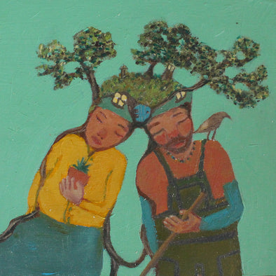 Siobhan Purdy, Cornish artist surreal painting of a couple  with a garden  on their  heads
