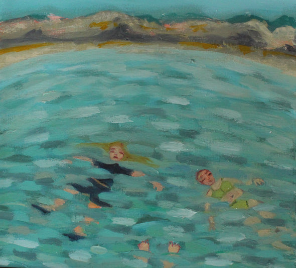 detail of painting of people floating in blue and turquoise water by Cornish artist Siobhan Purdy