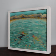a painting of people floating in blue and turquoise water by Cornish artist Siobhan Purdy.