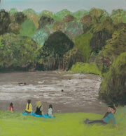 painting by Cornish artist Siobhan Purdy of people sitting on the grass in front of a lake in Cornwall 