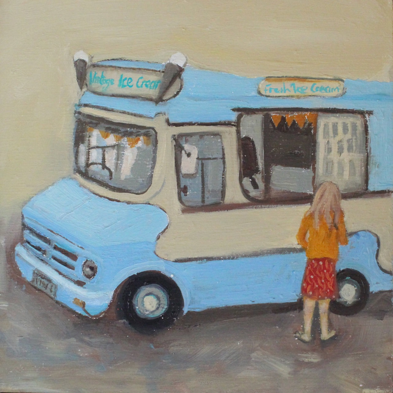 painting by artist Siobhan Purdy of an ice cream van and a young girl with blonde hair standing at the hatch