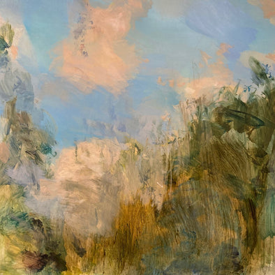 painting of grasses moving in the breeze under a blue sky and pink clouds by Katy Brown 