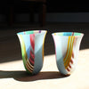 a pair of small multi coloured glass vases by UK glass artist Ruth Shelley