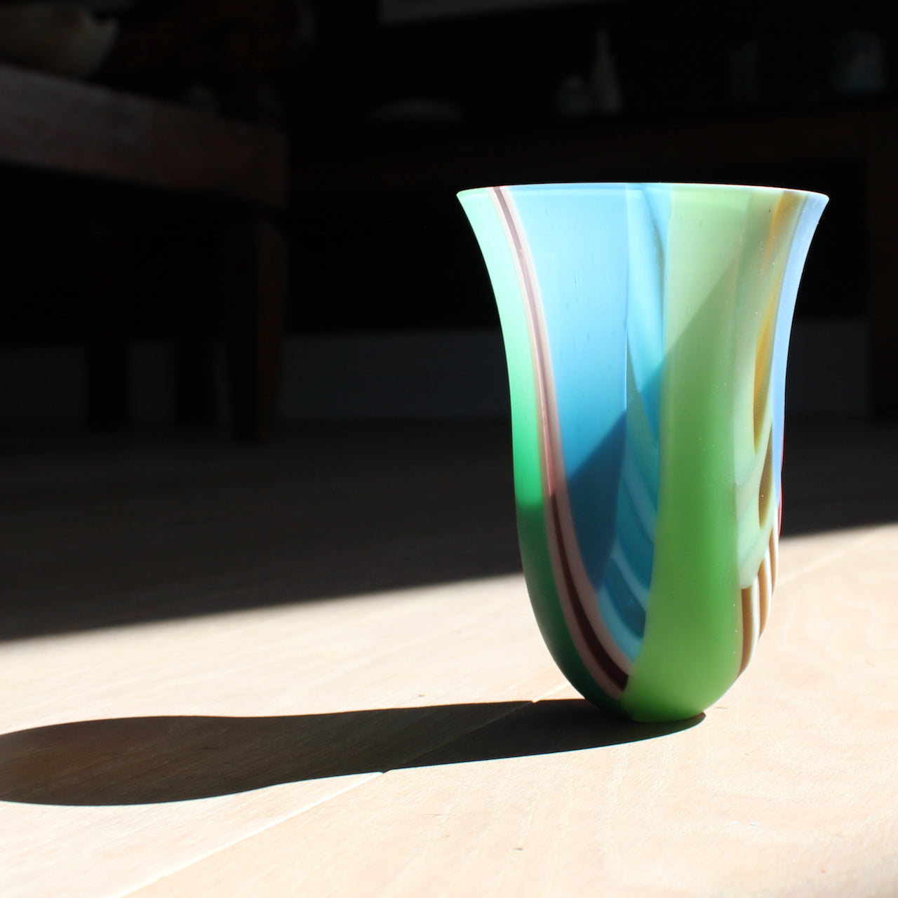 glass vase in green and blue with pink stripe by UK glass artist Ruth Shelley