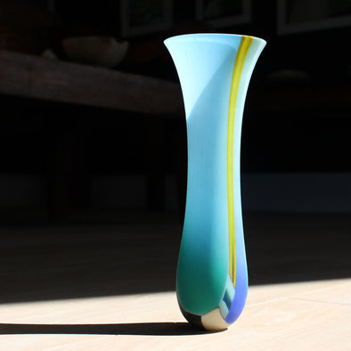 blue glass vase with yellow stripe by UK glass artist Ruth Shelley