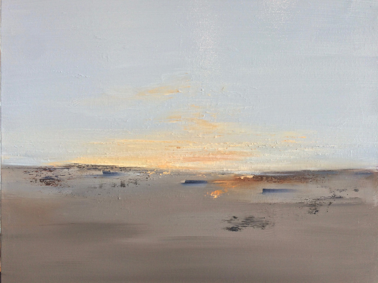 Abstract seascape by Cornwall artist Nicola Mosley in shades of oranges, greys and browns