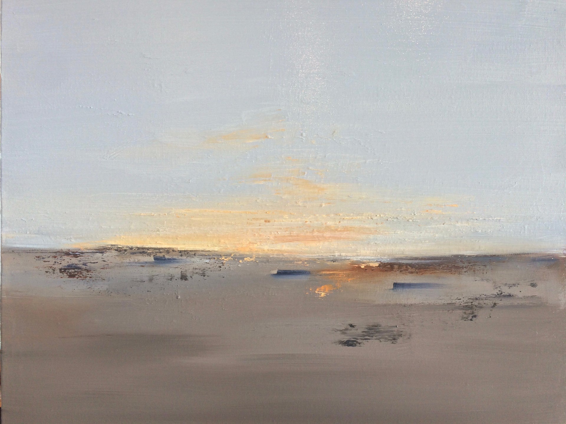 Abstract seascape by Cornwall artist Nicola Mosley in shades of oranges, greys and browns 