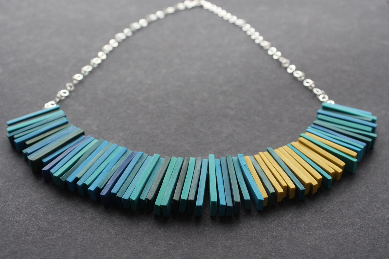 Modern deco necklace in teal blues and yellow by Clare Lloyd
