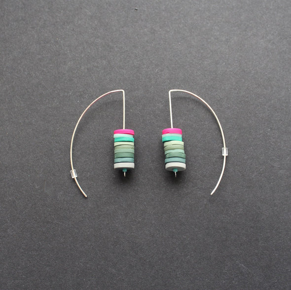 stacked disc earrings in soft greens and cerise