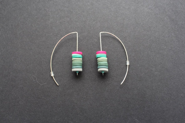 Clare Lloyd - stacked disc earrings in soft greens and cerise