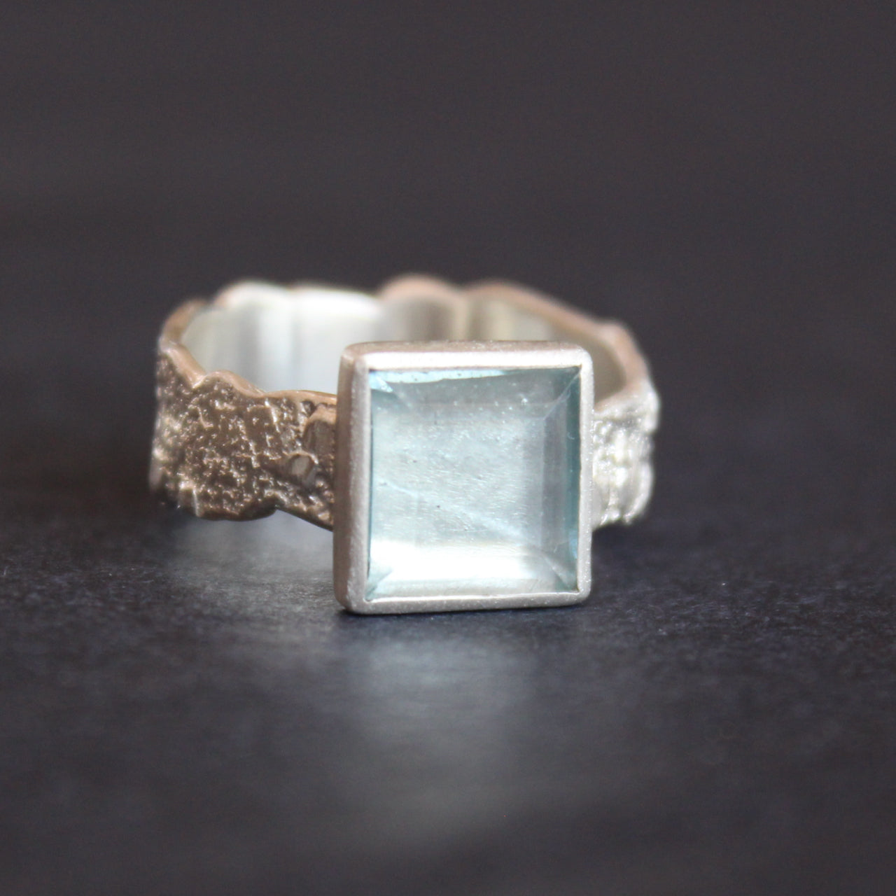 silver ring by Cornwall Jeweller Carin Lindberg with a square set pale blue aquamarine stone