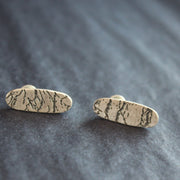 long oval silver stud earrings with etched detail by Cornwall jewellery designer Carin Lindberg