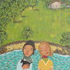 Siobhan Purdy painting of two women, one holding a small dog, on a boat with some sea, shoreline and a formal green garden in the background 