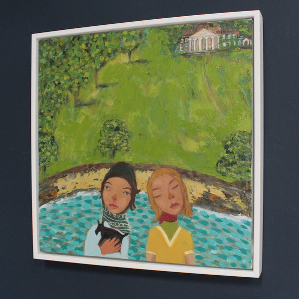 Cornish artist Siobhan Purdy painting of two women, one holding a small dog, on a boat with some sea, shoreline and a formal green garden in the background 