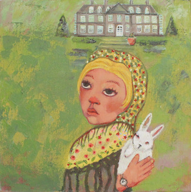 painting by Cornwall artist Siobhan Purdy of a blonde haired girl holding a rabbit standing in front of a large house and garden 