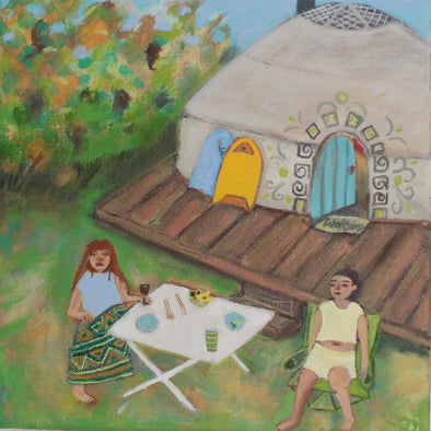 painting by Cornwall artist Siobhan Purdy of two women sitting on deck chairs at a picnic table infront of a tent