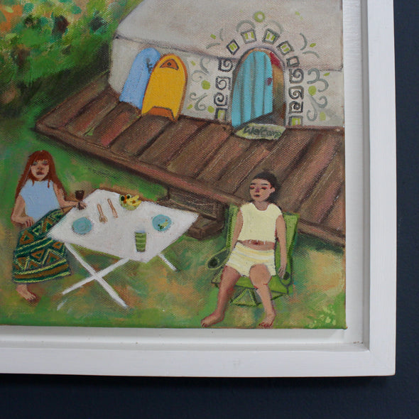 close up detail of a painting by Cornwall artist Siobhan Purdy of two women sitting on deck chairs at a picnic table infront of a tent