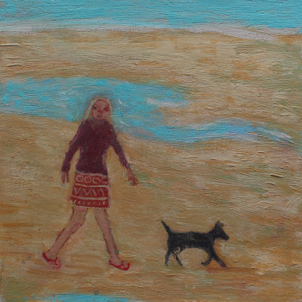 an oil painting by Cornish artist Siobhan Purdy of a woman with blonde hair walking a black dog on a beach.