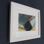 framed abstract landscape painting by Cornish artist Heath Hearn with large black square, red and green details. 