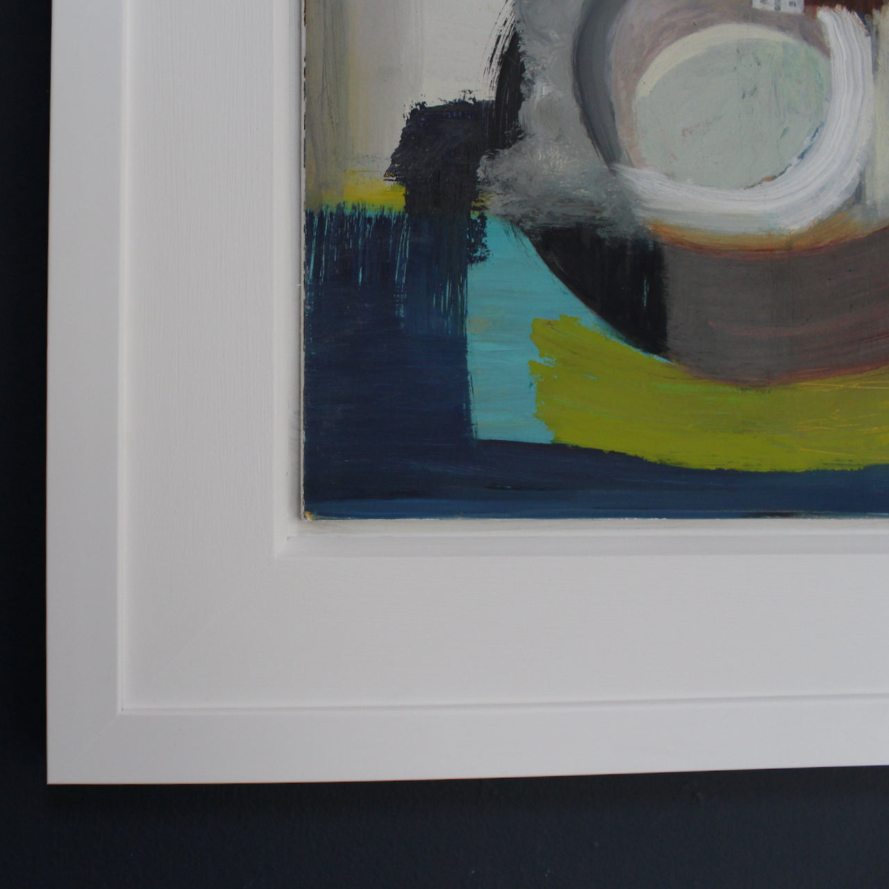 details of Heath Hearn framed painting with turquoise, olive green and dark blue brush strokes 