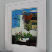 harbour coastal painting by Cornish artist with red, yellow and green houses.