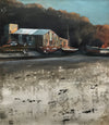 Painting of a boatyard at low tide 