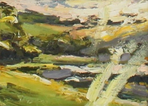 Jill Hudson oil painting of a creek in bright yellows and greens