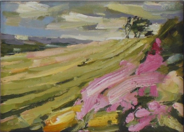 Jill Hudson framed abstract landscape painting of a field with some pink in the fore ground