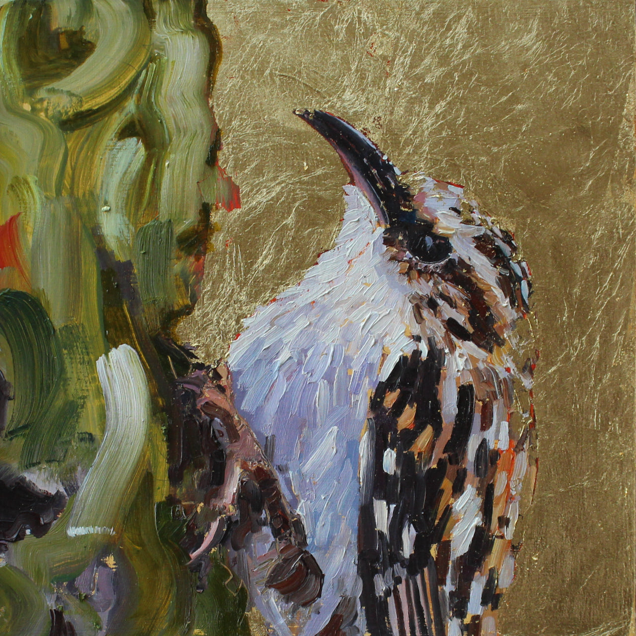 Jill Hudson painting of a tree creeper bird with white plumage, brown beak on a gold background