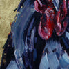 close up detail of a Jill Hudson painting of a cockerel with dark purple feathers and a red head against a gold-leaf background