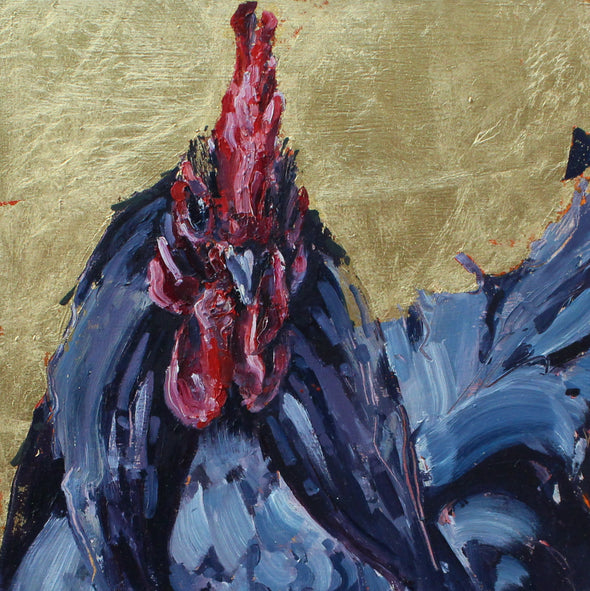 Jill Hudson painting of a cockerel with dark purple feathers and a red head against a gold-leaf background