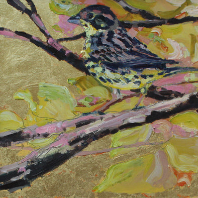 Jill Hudson painting of a yellow hammer bird on a branch amid leaves in shades of yellow, gold and pink