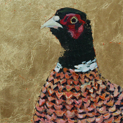 Jill Hudson painting of a pheasant on a gold background