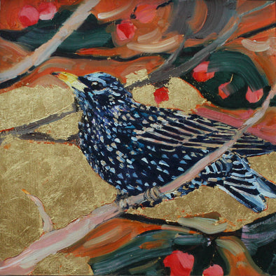 Jill Hudson painting of a starling on a branch with and orange and gold background
